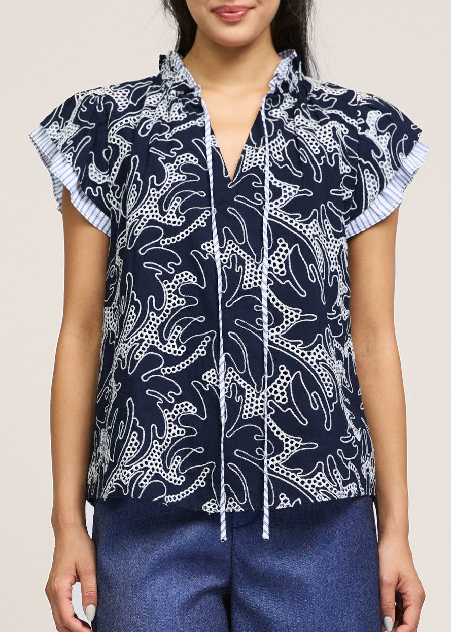 The Pink Door Embroidered Raffle Sleeve Blouse Navy
