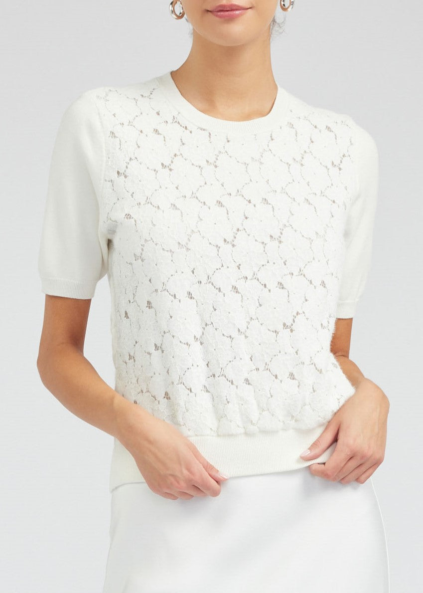 The Pink Door Floral Lace S/S Knit Top Off White