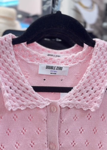 The Pink Door Pointelle S/S Sweater w/ Collar Pink