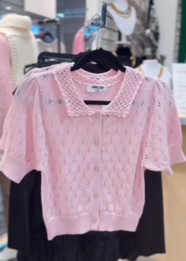 The Pink Door Pointelle S/S Sweater w/ Collar Pink