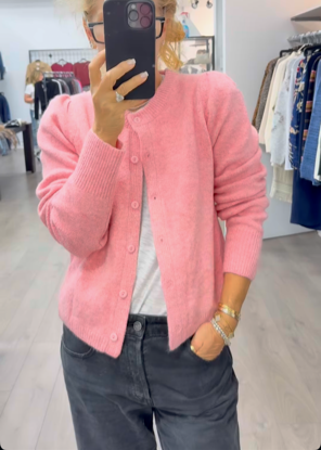 The Pink Door Puff Sleeve Cardigan Pink