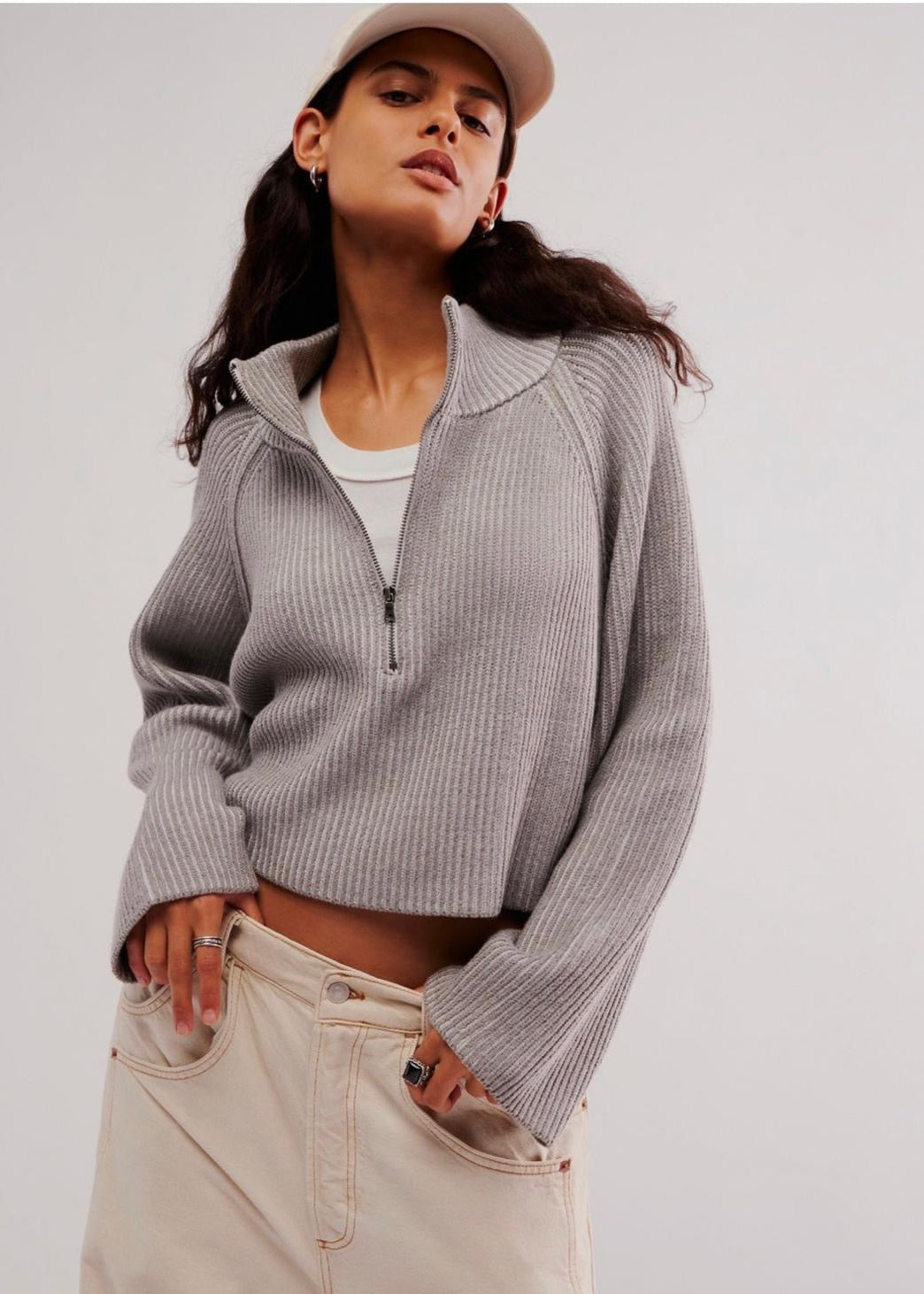 The Pink Door Quarter Zip Cotton Blend Sweater Grey