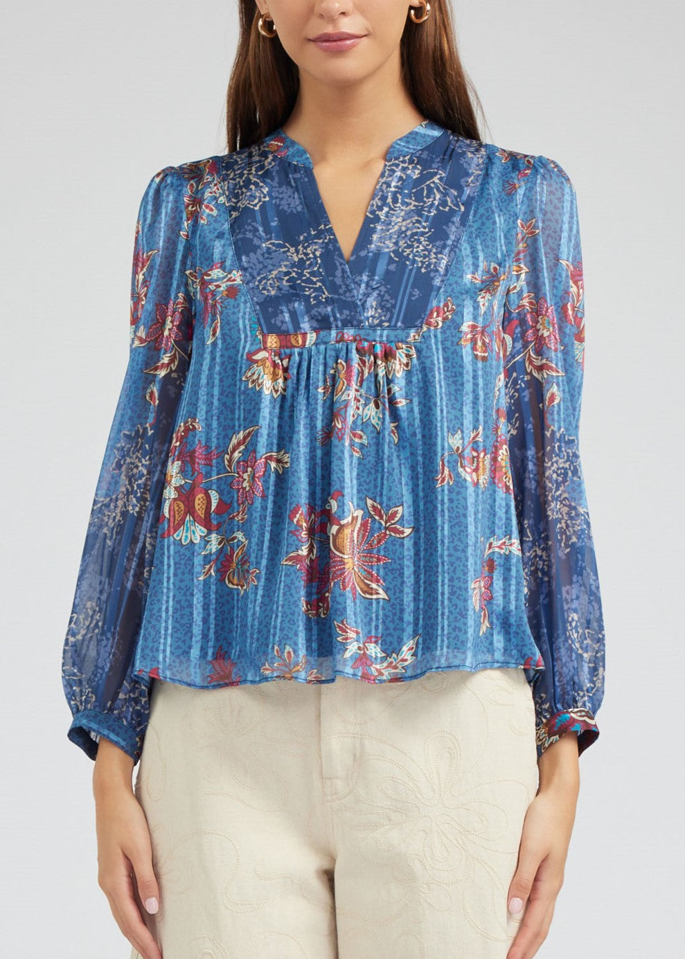 The Pink Door Split Neck Floral Print Blouse Blue