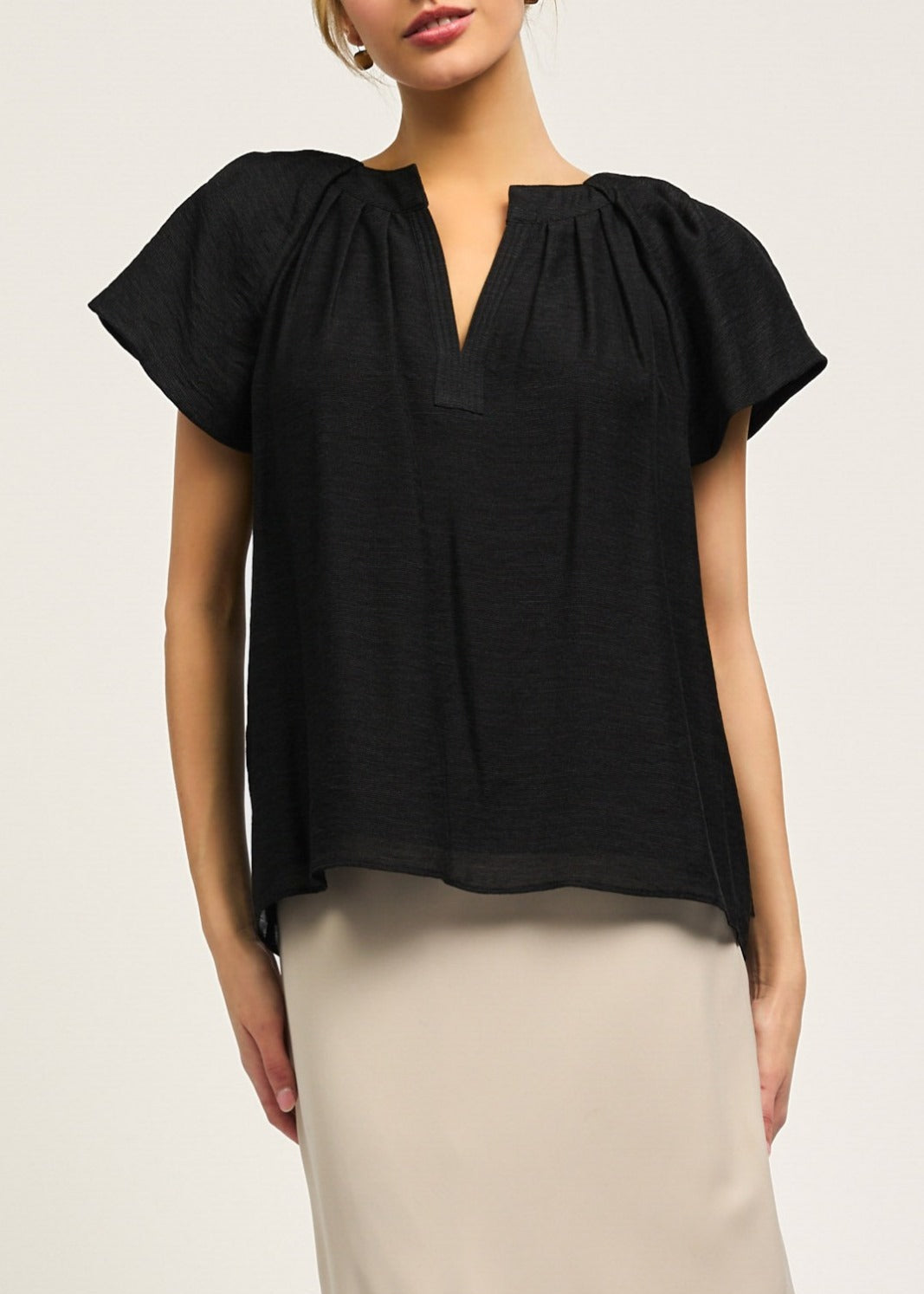 The Pink Door Split Neck Flowy Sleeve Top Black Denim