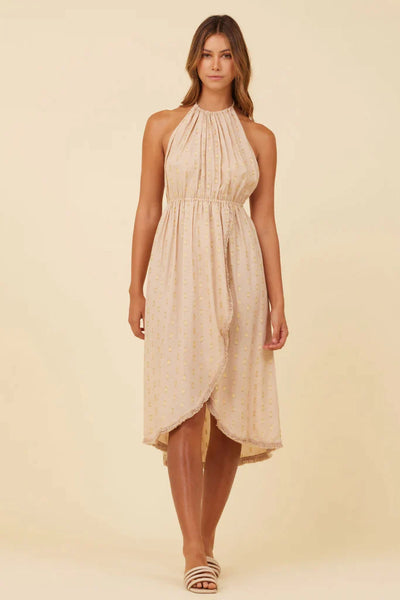 Surf Gypsy Open Back Dress w/ Gold Print - Tan