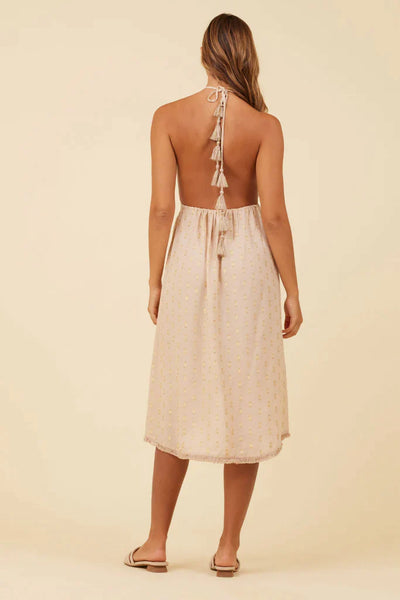 Surf Gypsy Open Back Dress w/ Gold Print - Tan