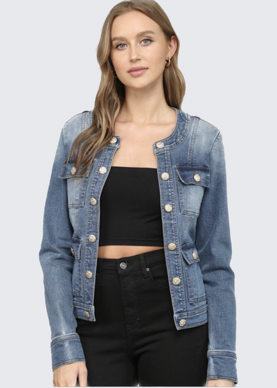 The Pink Door Denim Cropped Jacket w/ Gold Buttons - Blue