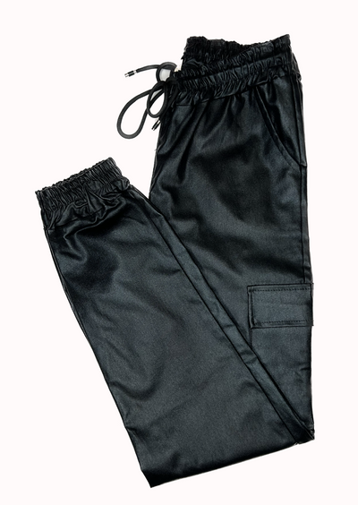 Faux Leather Cargo Joggers - Black