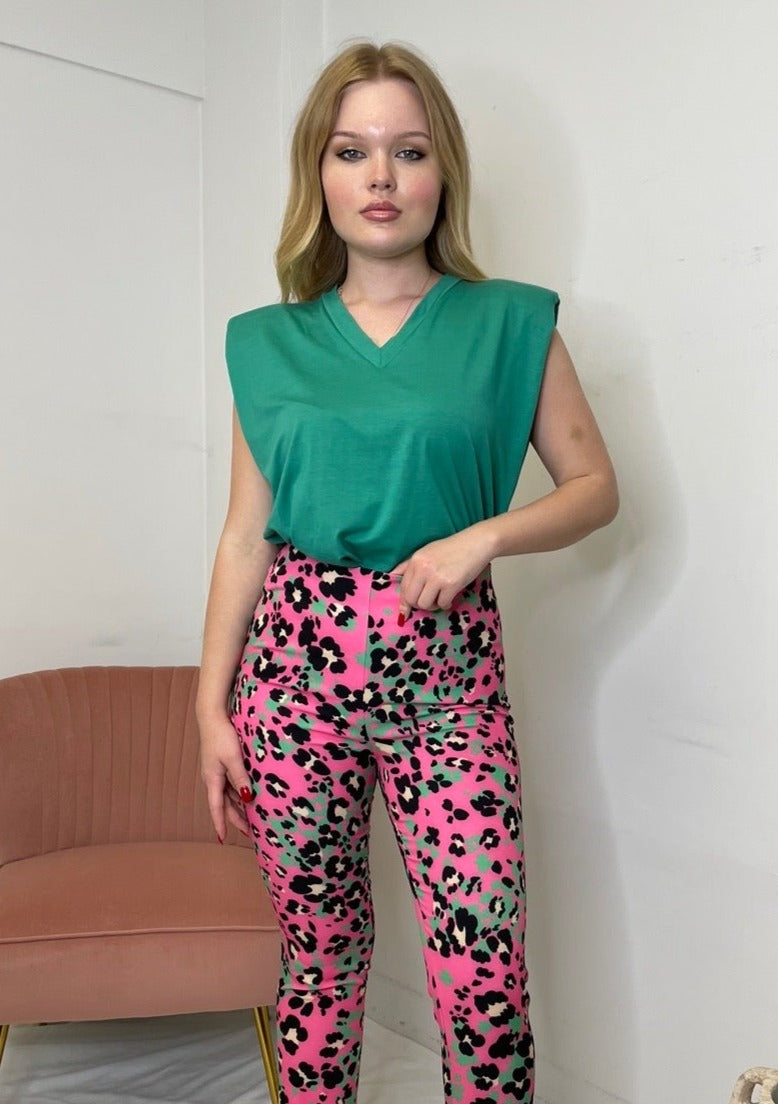 The Pink Door V-neck Padded Shoulder Top - Green