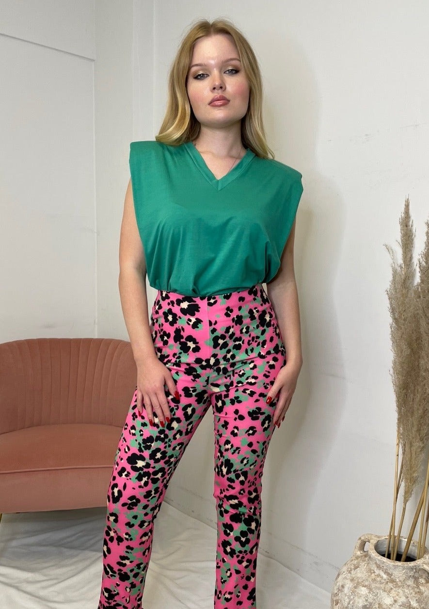 The Pink Door V-neck Padded Shoulder Top - Green