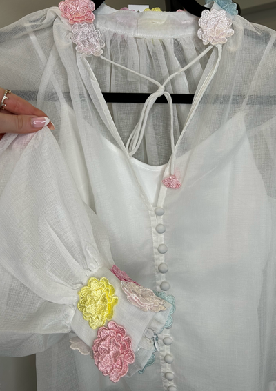 The Pink Door L/S Floral Trim Top - White