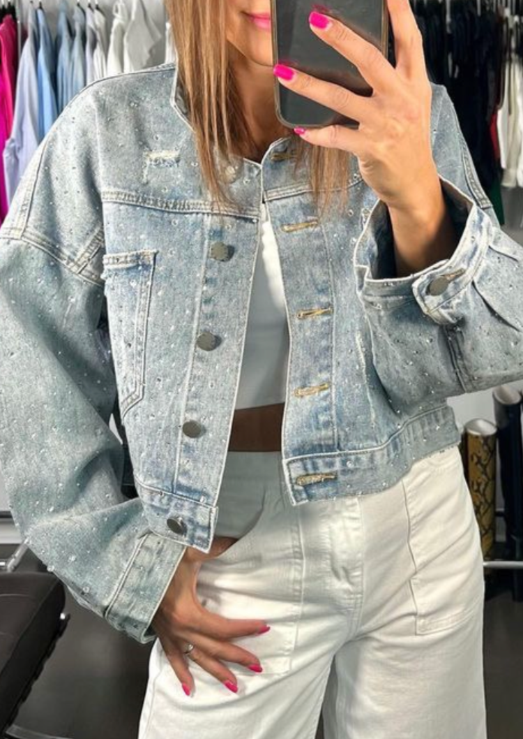 The Pink Door Rhinestone Blue Denim Jacket