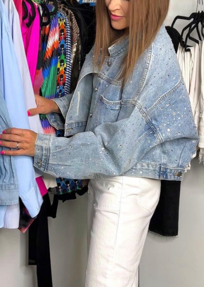 The Pink Door Rhinestone Blue Denim Jacket