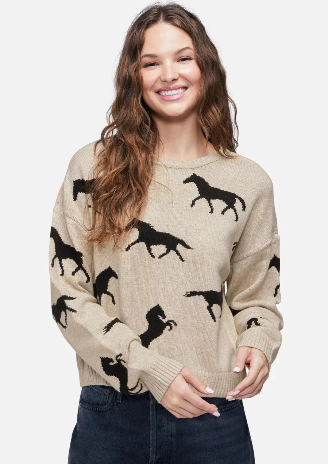 WILDFOX Horse Print Intarsia Sweater - Champagne Beige