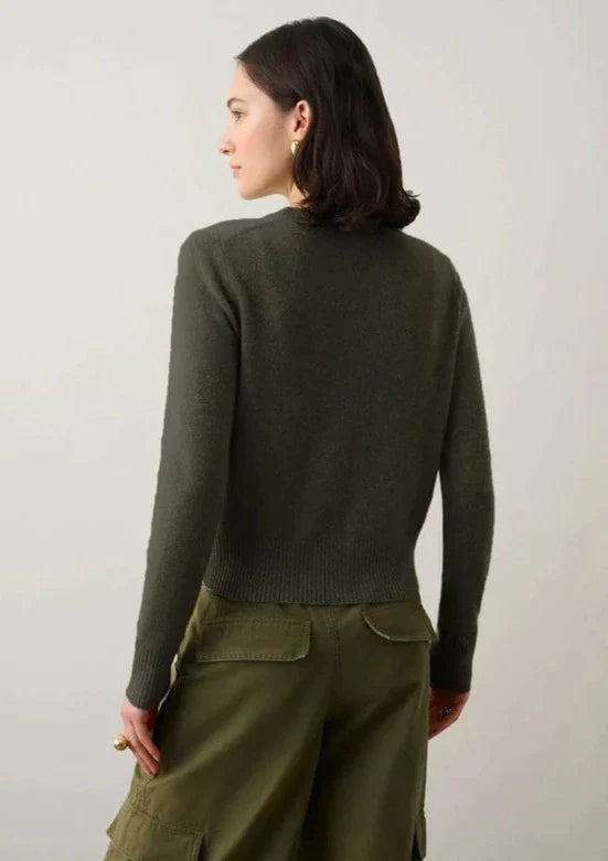 White + Warren Cashmere Shrunken Crewneck Sweater - Olive