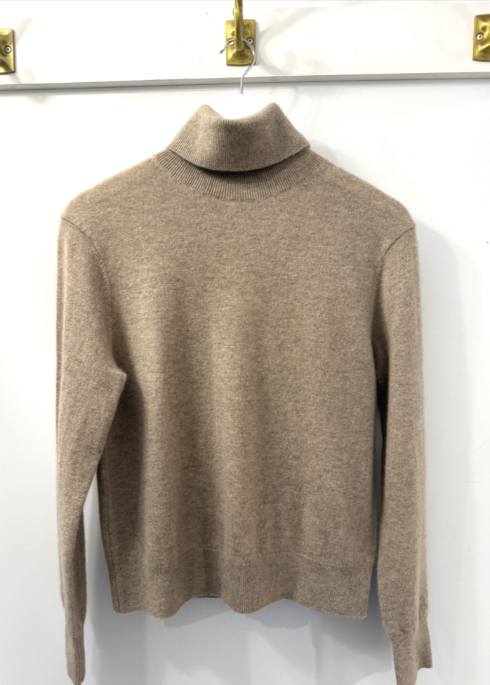 White + Warren 100% Cashmere Rib Trim Turtleneck Taupe Heather Sweater