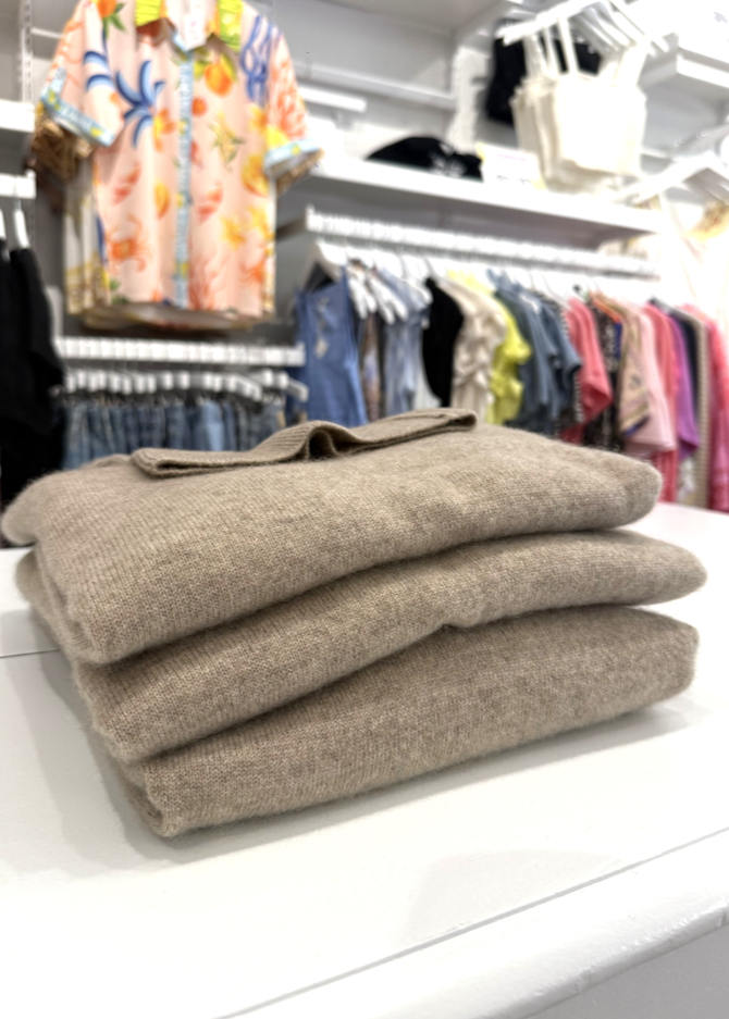 White + Warren 100% Cashmere Rib Trim Turtleneck Taupe Heather Sweater
