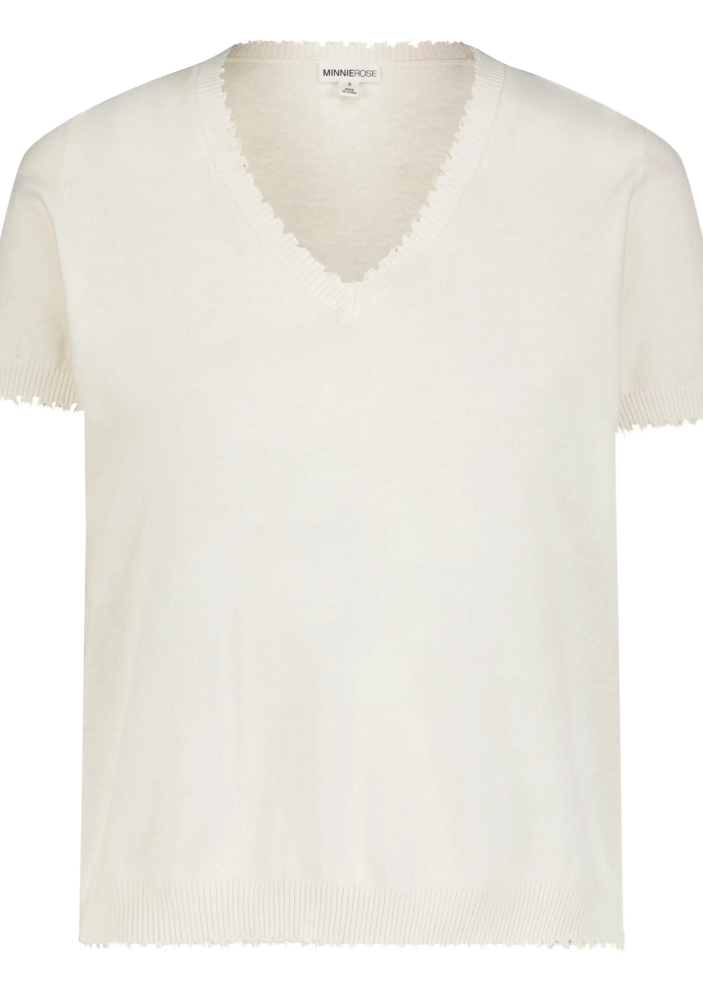 Minnie Rose Cotton Frayed V Tee White