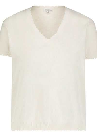 Minnie Rose Cotton Frayed V Tee White