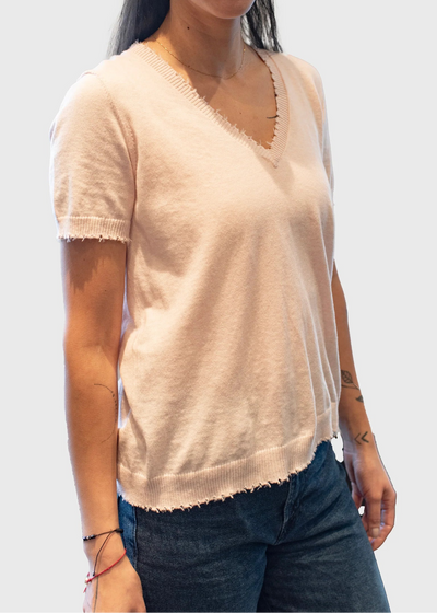Minnie Rose Cotton Frayed V Tee Baby Pink