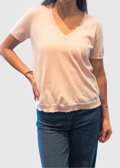 Minnie Rose Cotton Frayed V Tee Baby Pink