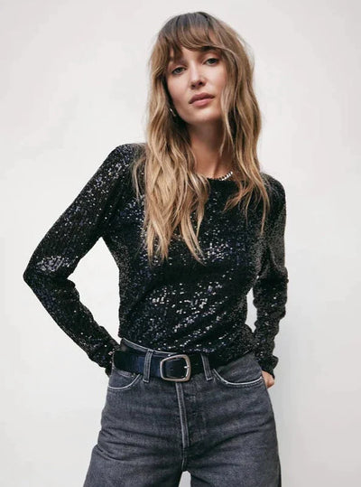 Z Supply Aurora Sequin Cropped L/S Top - Black