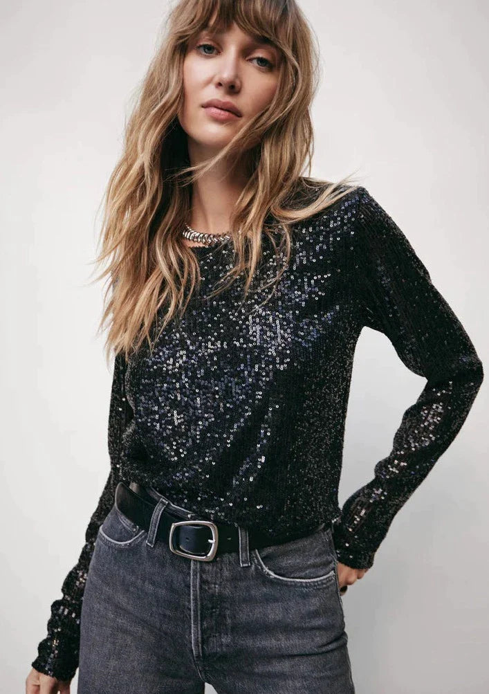 Z Supply Aurora Sequin Cropped L/S Top - Black