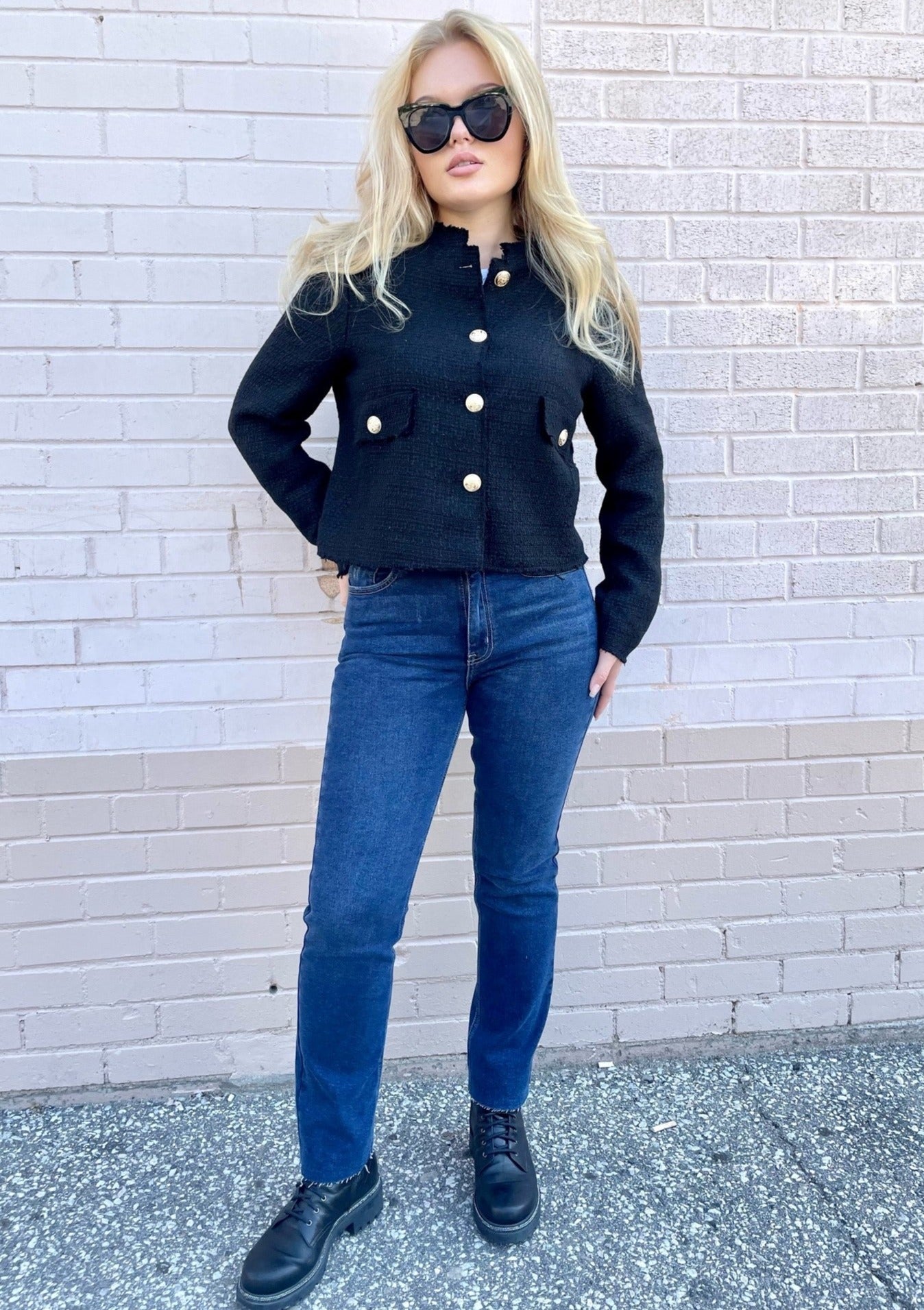 Gold Button Tweed Jacket - Black 