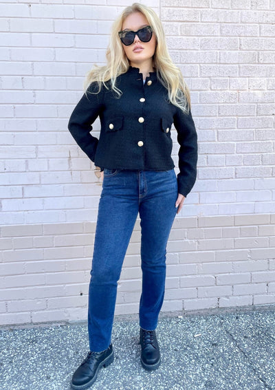Gold Button Tweed Jacket - Black 