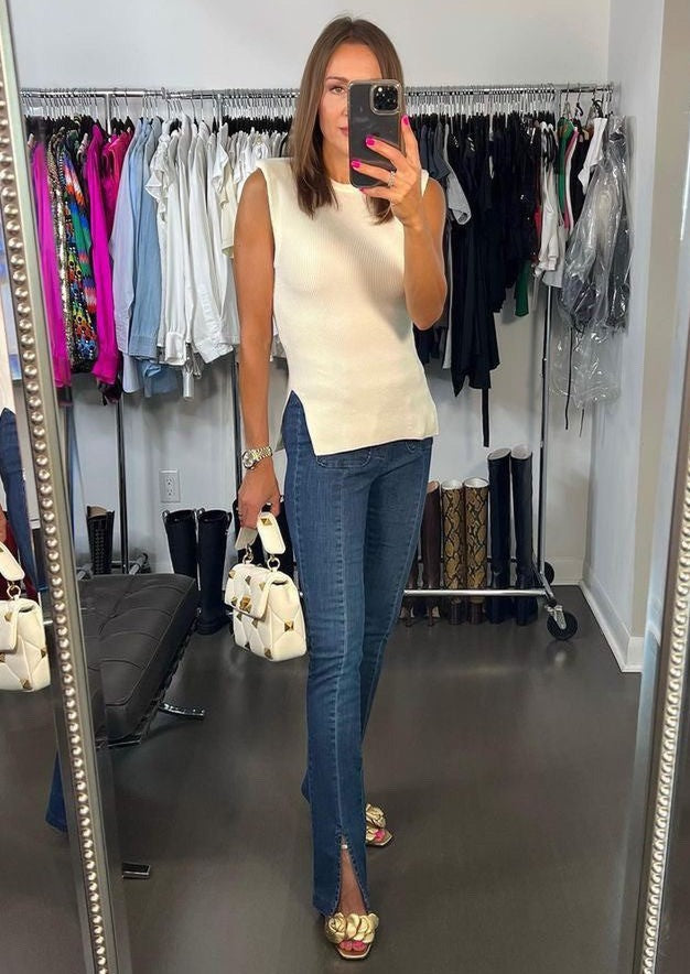 The Pink Door Padded Shoulder Sleeveless Knit Top - Cream