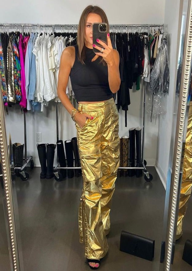 The Pink Door Metallic Utility Cargo Pants - Gold