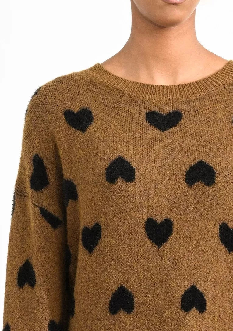 Molly Bracken Heart Print Crew Neck Sweater - Khaki