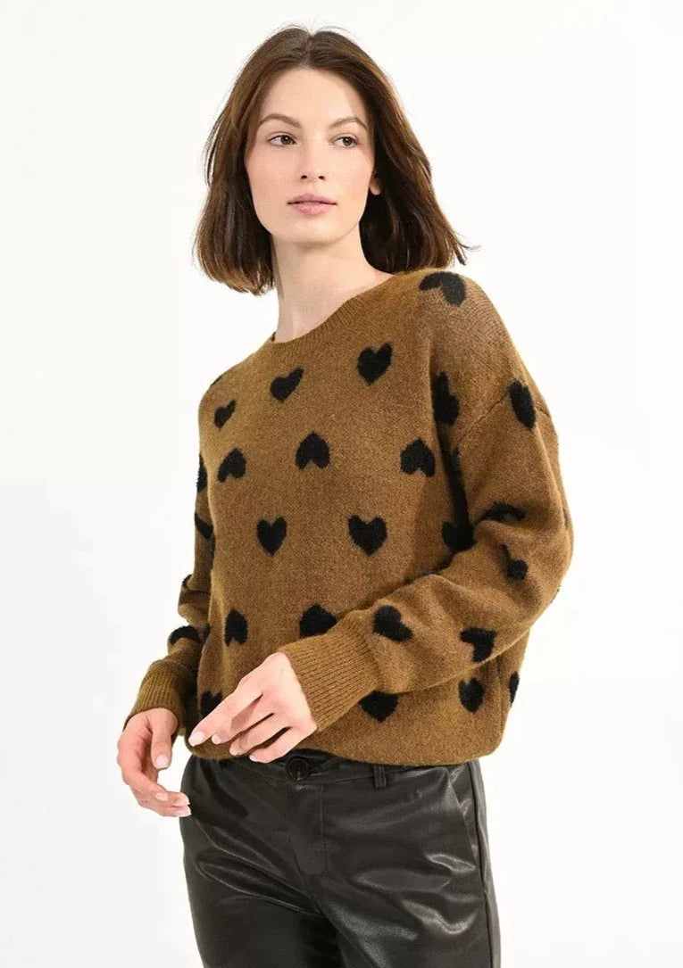 Molly Bracken Heart Print Crew Neck Sweater - Khaki