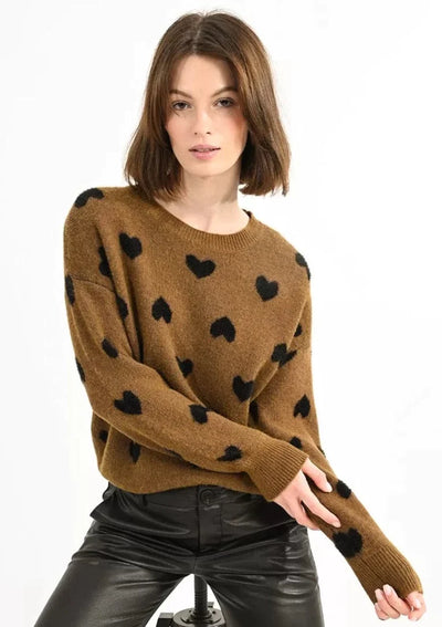 Molly Bracken Heart Print Crew Neck Sweater - Khaki