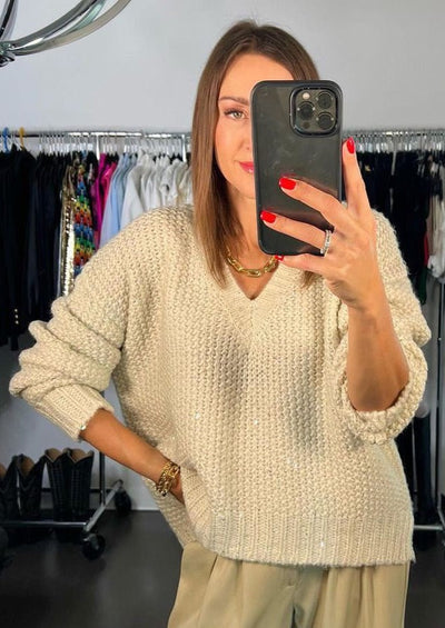 The Pink Door V-neck Sparkle Sweater - Beige