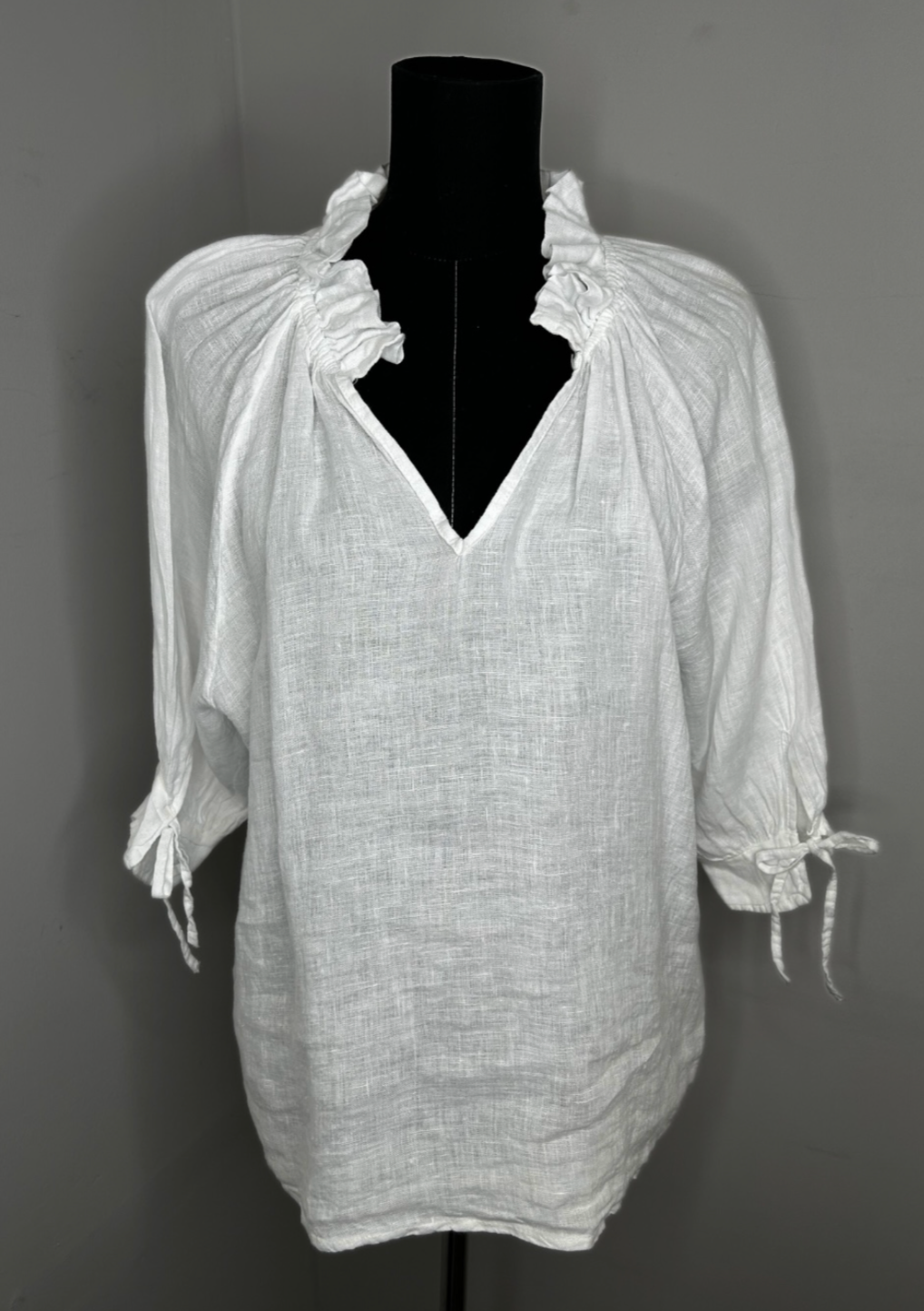 The Pink Door Linen Ruffled V-Neck Top - White