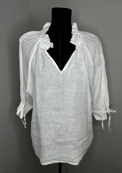 The Pink Door Linen Ruffled V-Neck Top - White