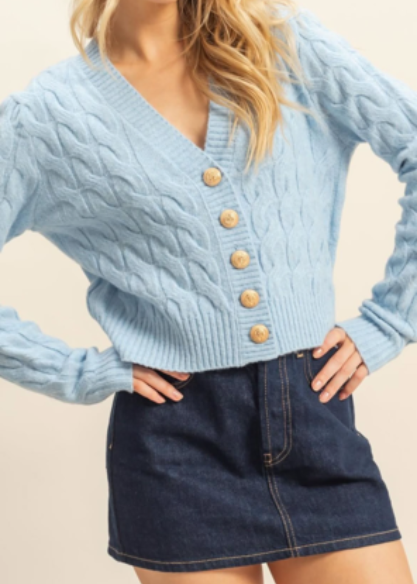 The Pink Door Cable Knit Cardi W/ Gold Buttons Light Blue