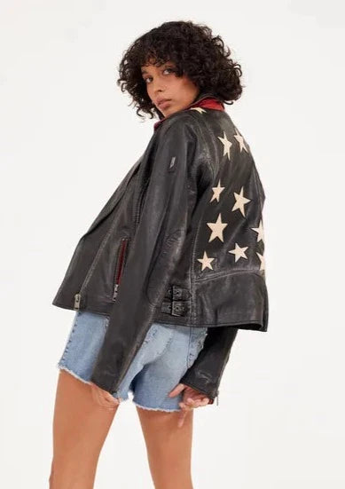 Mauritius Christy Star Detail Leather Jacket - Vintage Black