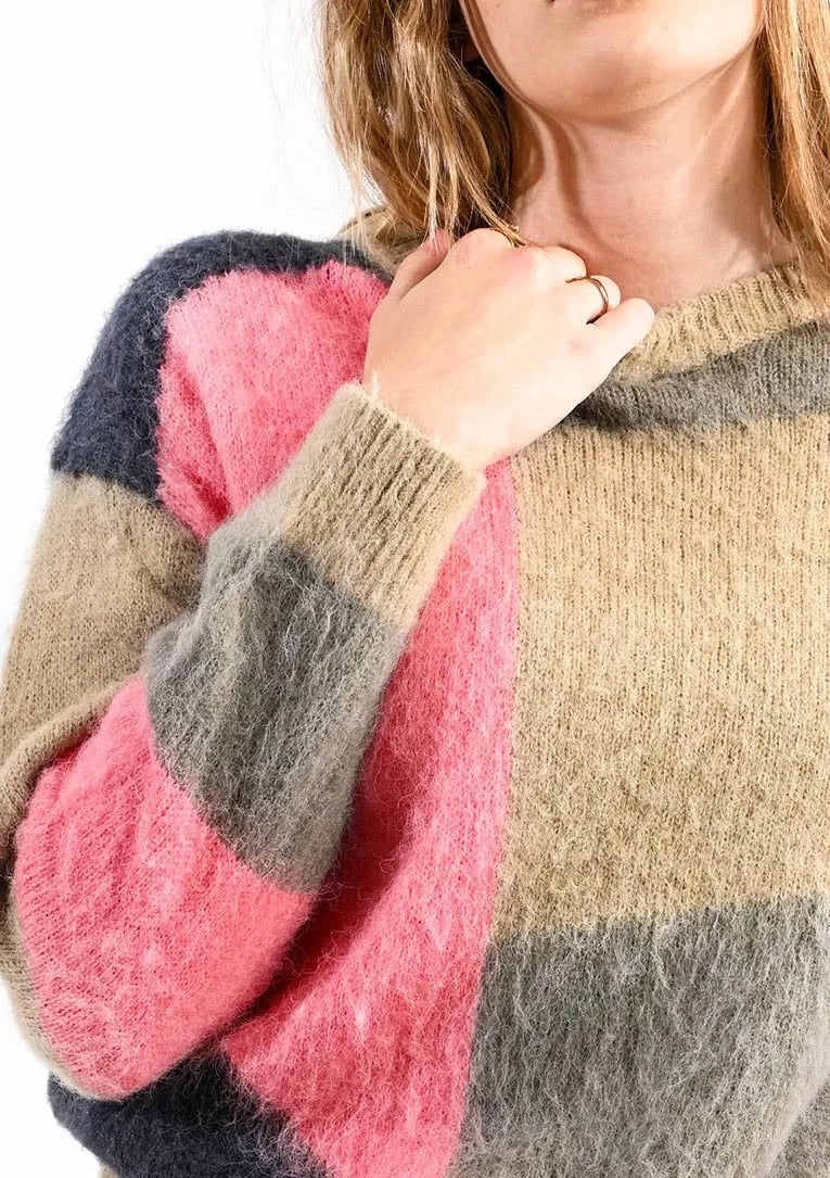 Molly Bracken Colour Block Fluffy Knit Sweater - Khaki