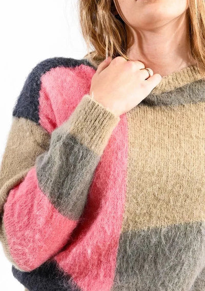 Molly Bracken Colour Block Fluffy Knit Sweater - Khaki