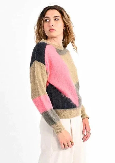 Molly Bracken Colour Block Fluffy Knit Sweater - Khaki