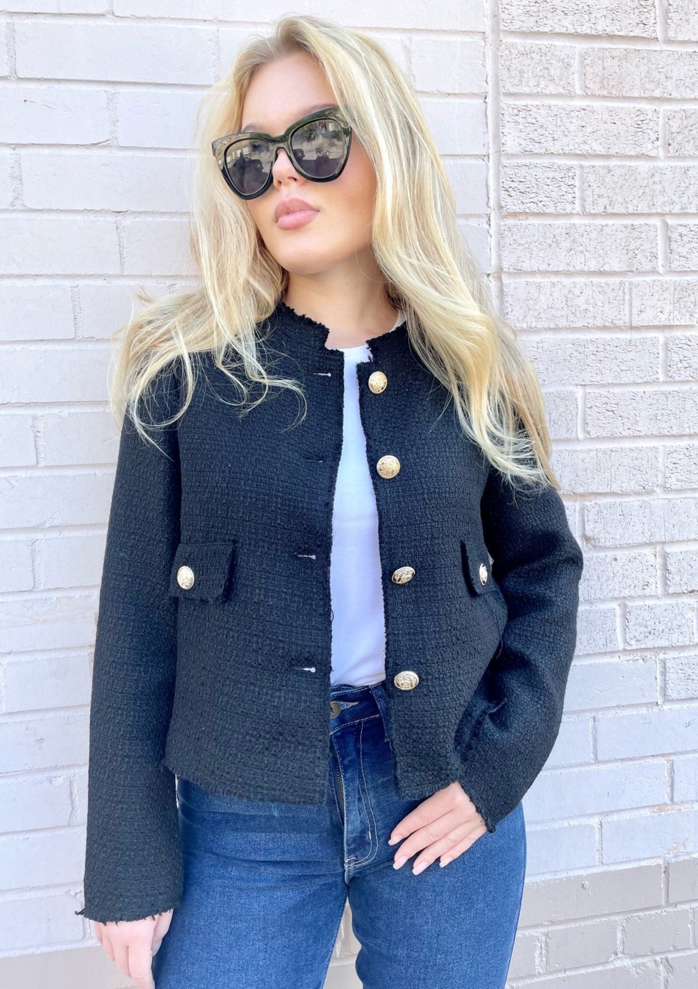 Gold Button Tweed Jacket - Black 