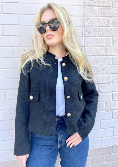 Gold Button Tweed Jacket - Black 