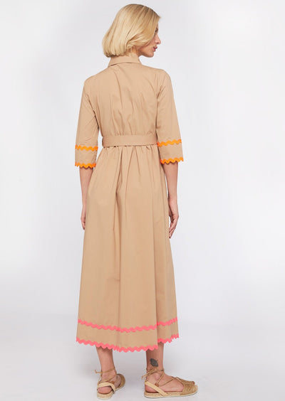 Vilagallo Natalia Long Cotton Dress w Orange Detail - Taupe