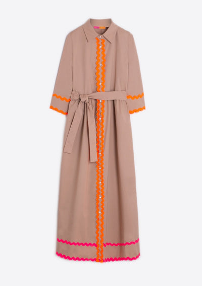 Vilagallo Natalia Long Cotton Dress w Orange Detail - Taupe