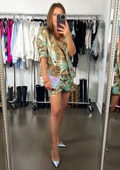 Molly Bracken Floral Print Sequin Blazer - Light Khaki