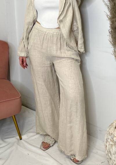 The Pink Door Linen Pants w/ Fray Trim - Beige