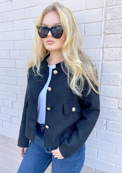Gold Button Tweed Jacket - Black 