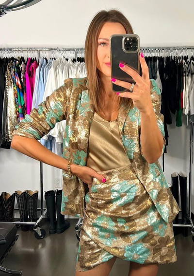 Molly Bracken Floral Print Sequin Blazer - Light Khaki
